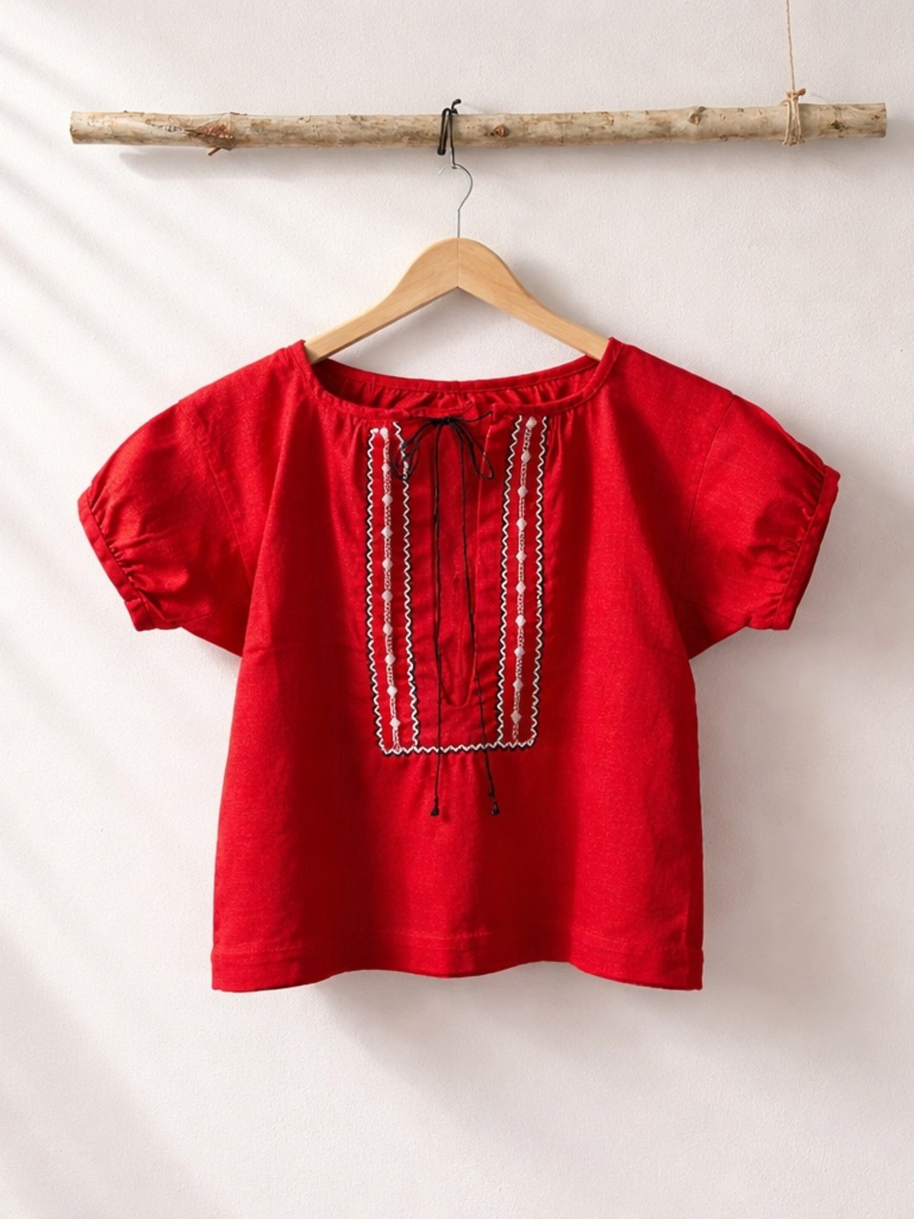 Girls Red Embroidered Peasant Blouse Puff Sleeve Folk Top 4T 5T Preschool Fit